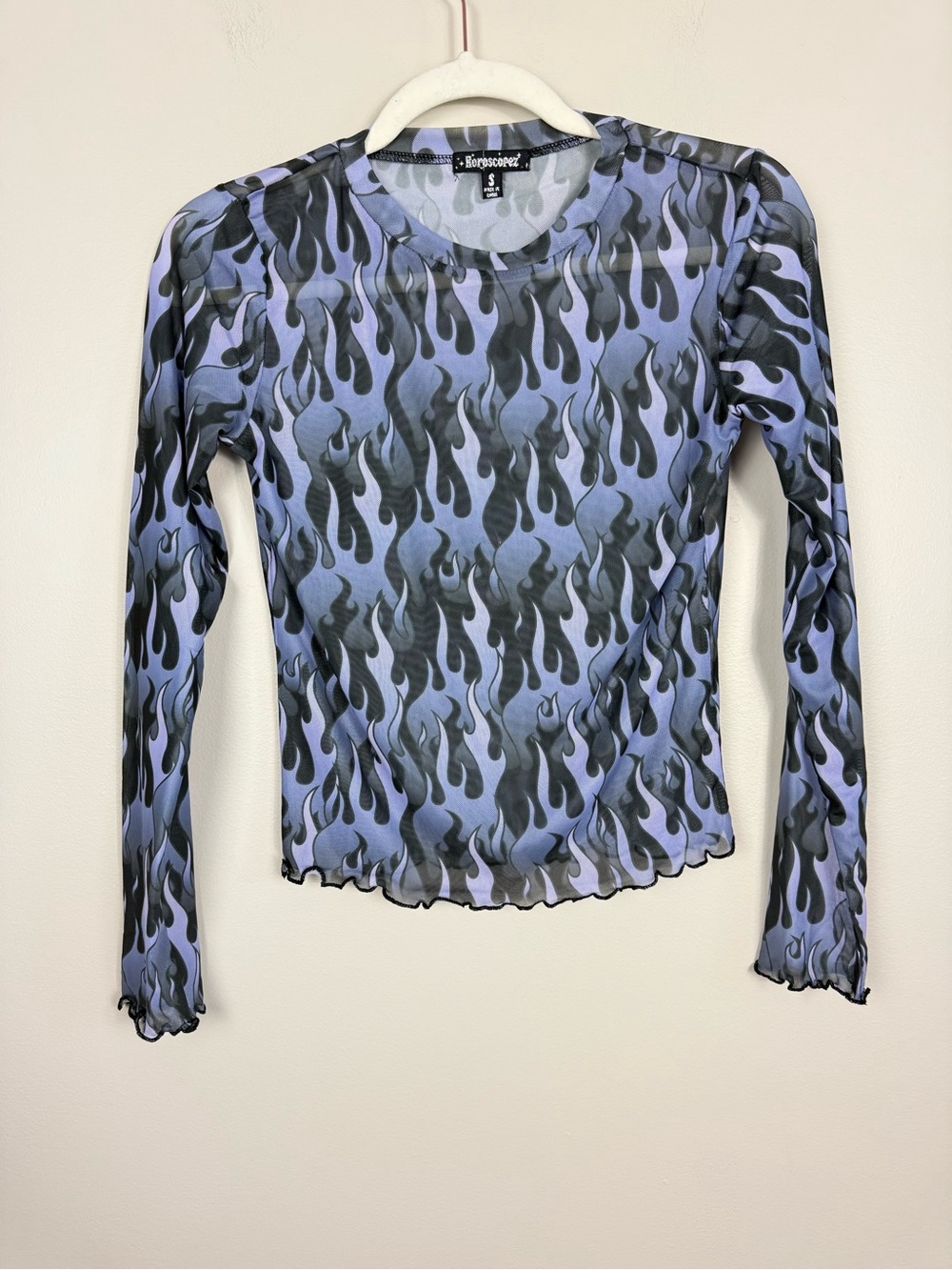 Horoscopez Sheer Top Black Purple Flame Women Small Ruffle Hem Grunge Rock Indie